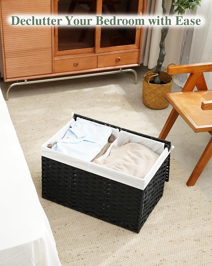 SETVSON Storage Basket with Lid Rattan Storage Basket with 2 Separate Lid, 27.8 Gallon (105 L) 25.2 * 15.4 * 16.1 Inches Woven Wicker Baskets with 2 Liners and Handles for Bedroom Laundry Black - Image 8