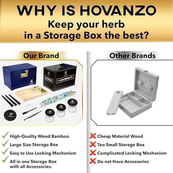HOVANZO Premium Large Bamboo Storage Box with Removable Tray - Storage Wood Box for Herbs and Accessories - Storage Box Set with Combination Lock - Smell Proof Container with Accessories - Image 2