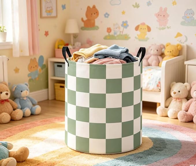 Baby Laundry Basket Baby Nursery Hamper Kids Laundry Basket Toy Storage Bin for Boys Room Decor Gift Baskets for Bedroom Bathroom(Green Checkered) - Image 3