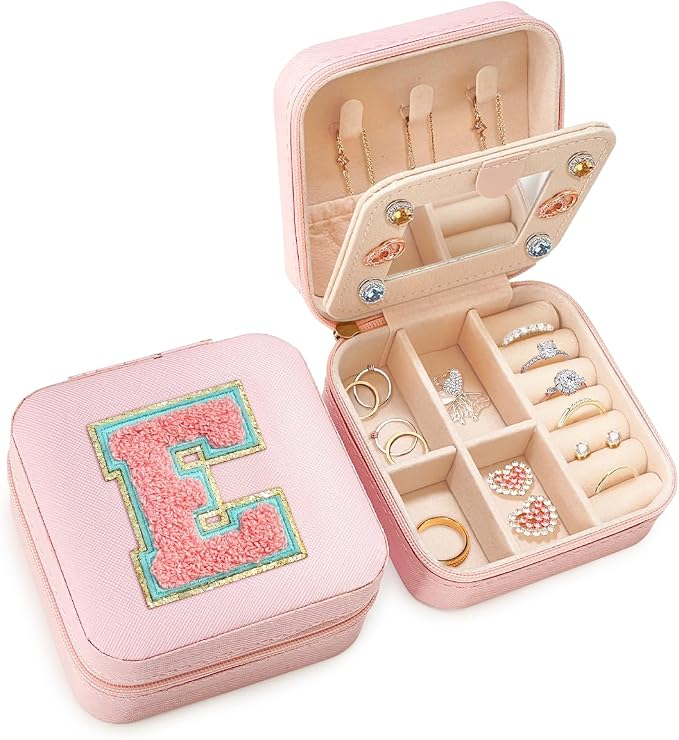 SANDJEST Personalized Jewelry Box, Pink Travel Jewelry Box with Initial E, Small Monogrammed Jewelry Case Organizer for Girls Women Teen Kids, Mini Travel Essentials Gifts for Birthday Christmas by SANDJEST