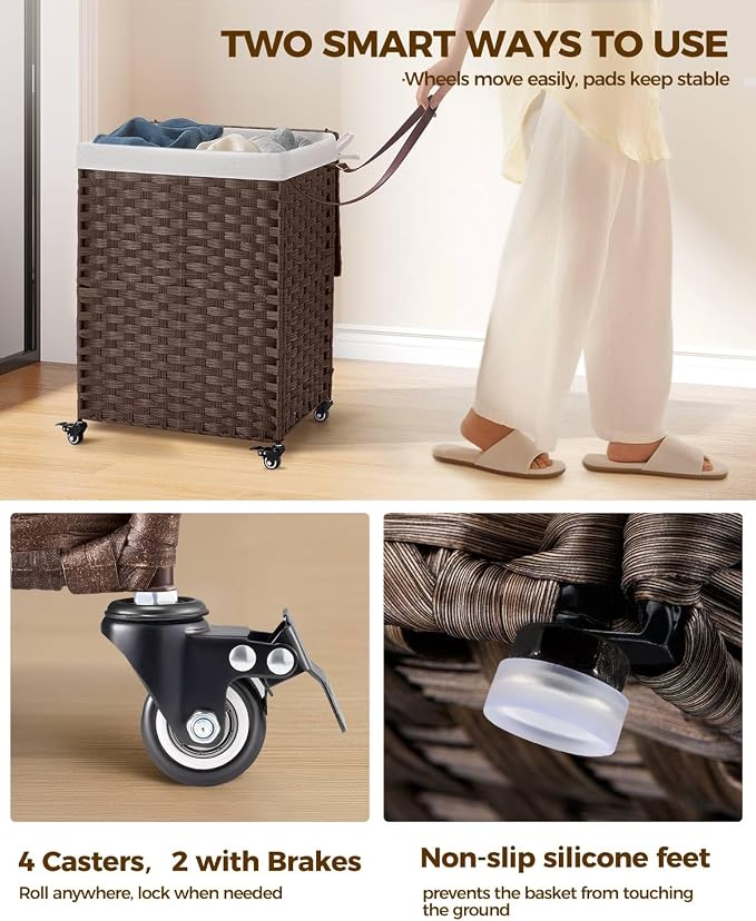 Greenstell Laundry Hamper with Wheels, No Install Needed, 90L Divided Handwoven Hampers & 2 Removable Liner Bags, Synthetic Rattan Clothes Laundry Basket with Lid & Handles, Foldable Hampers Brown - Image 4