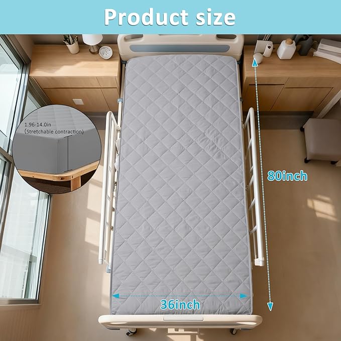 Hospital Bed Mattress Protector Cover Waterproof 36" x 80" x 14" Hospital Bed Sheets Incontinence Protection, Soft Breathable Mattress Pad for Elderly, Adults Machine Washable, Gray