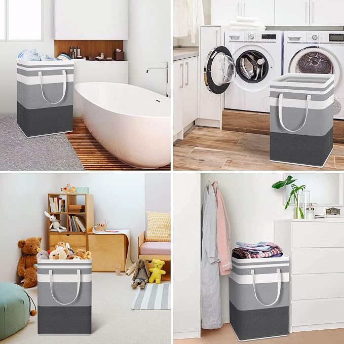 HomeHacks 2 Pack Large Laundry Baskets, Waterproof, Freestanding Laundry Hampers, Collapsible Clothes Hamper with Reinforced Handles in Laundry Room, College Dorm, Bathroom, Bedroom (Grey, 75Lx2) - Image 6