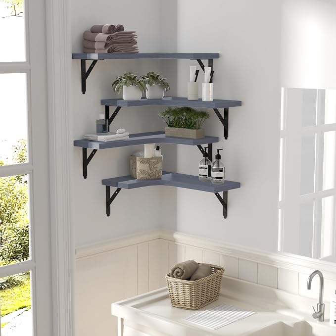 ROMGUAR CRAFT Corner Floating Shelves Wall Mounted Set of 4, Rustic Wood Storage Display Shelves for Home Decor, Bathroom, Kitchen, Bedroom, Living Room, Office (Grey) - Image 6