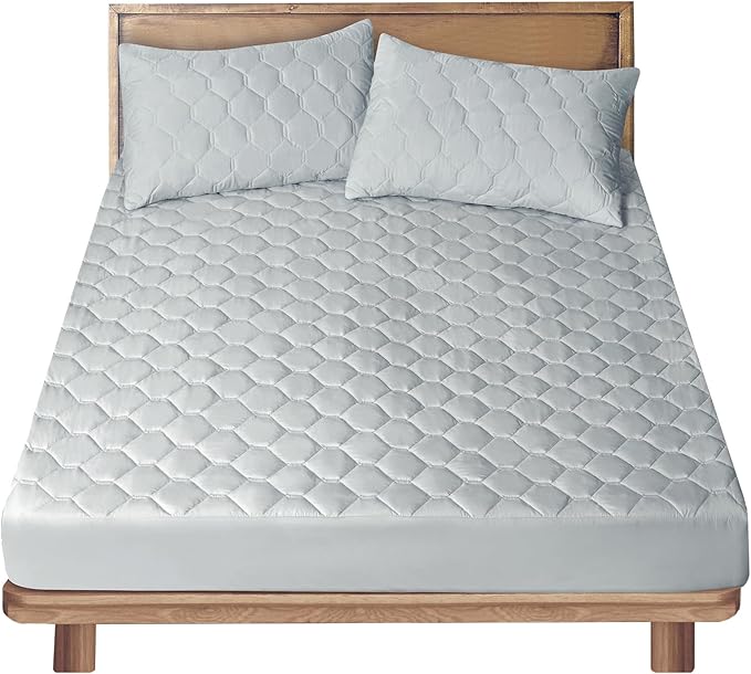 Bedding Quilted Fitted Mattress Cover, Elastic Fitted Mattress Protector, Mattress Pad Stretches up to 12 Inches Deep, Machine Washable Mattress Topper (Gray, King)