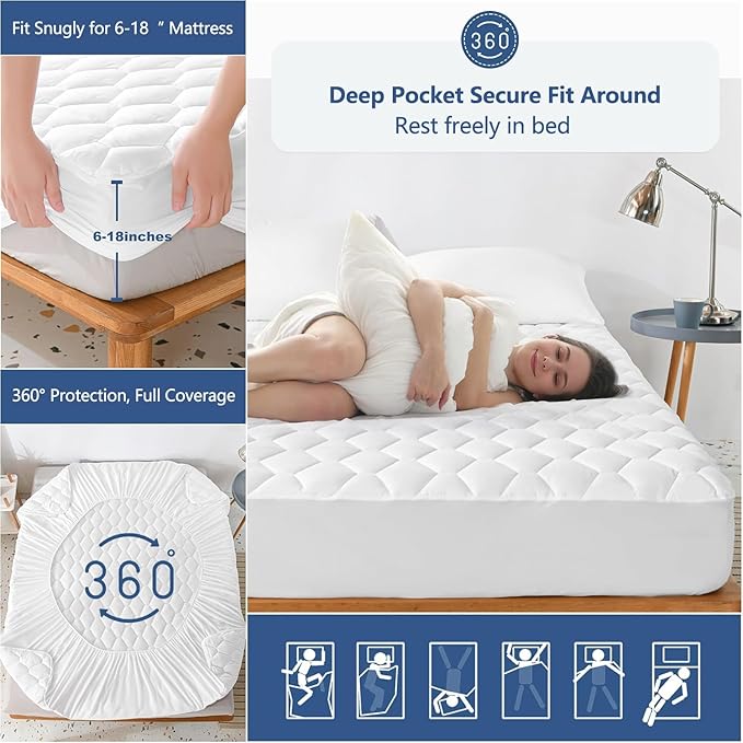 Twin XL Mattress Protector Waterproof Washable Mattress Padded Cover Fitted Extra Long College Dorm Size Bed Protection Noiseless Plastic Bed Pad Deep Pocket Up to 18“ Soft and Breathable（White）