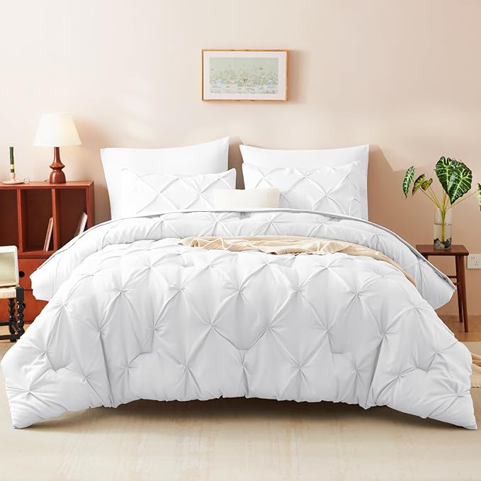 CozyLux Twin XL Comforter Set White, 5 Pieces Twin Extra Long Pintuck Bed in A Bag for College Dorm, Pinch Pleat Bedding Set with Comforter, Sheets, Pillowcase & Sham
