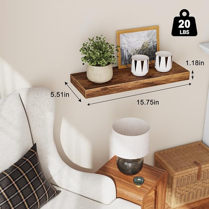 Fixwal Floating Shelves for Wall, 15.7" Wood Wall Mounted Shelves for Living Room, Bedroom, Bathroom and Kitchen, for Storage, Books, Room Decor (Rustic Brown, Set of 2) - Image 3