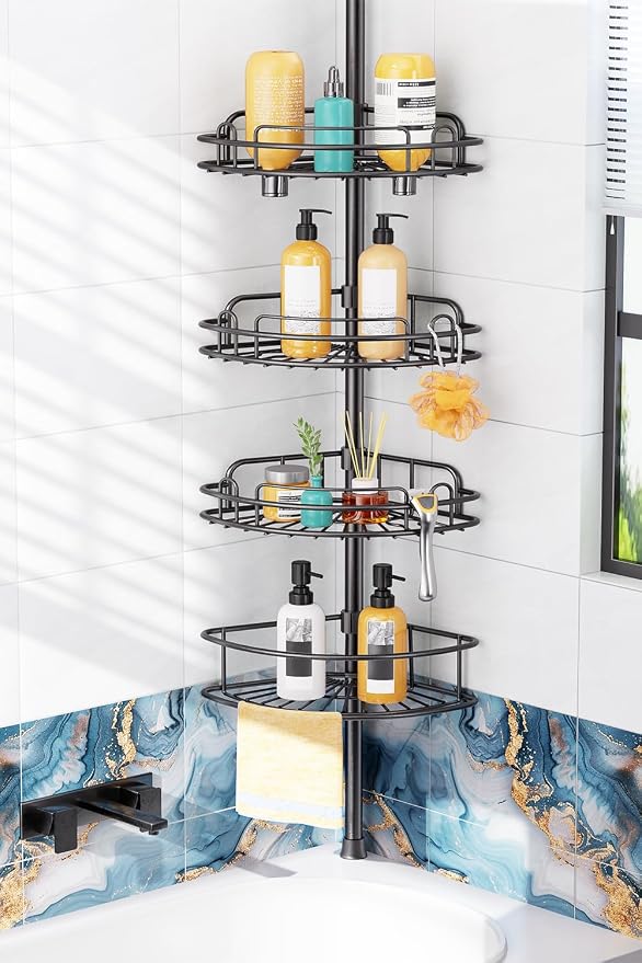 HAMITOR Shower Caddy Tension Pole: 4-Tier Rustproof Bathroom Corner Shelf Organizer for Renters - No Drill Large Shampoo Storage Rack - Adjustable 47-121 Inch - Space Saving Bathtub Accessory - Black by HAMITOR