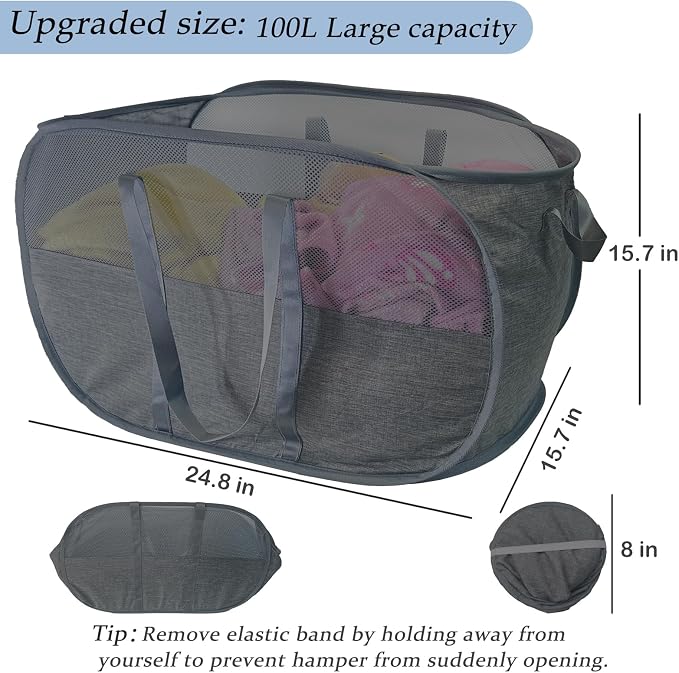 Extra Large Mesh Pop Up Laundry Hamper 2 Pack,100L Collapsible Laundry Baskets, Dirty Clothes Hamper with Reinforced Handles, Folding Hampers for Travel, Nursery, Dorm or Home. Black - Image 2