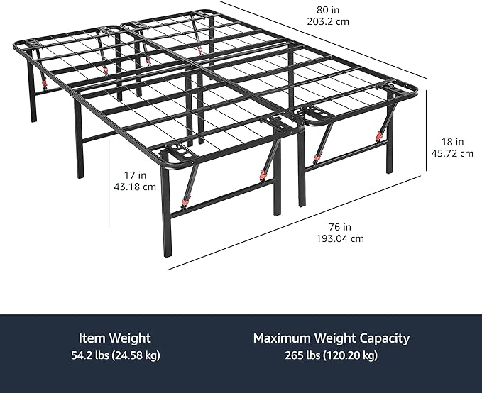 Amazon Basics Foldable Metal Platform Bed Frame with Storage Space, Sturdy Steel, No Box Spring Needed, 18 Inches High, Tool-Free Setup, Noise Free, King Size, Black