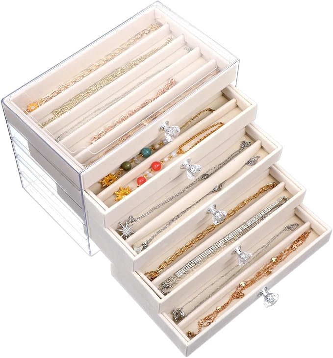5-Drawer Necklace Organizer Box with Clear Acrylic & Velvet Lining, Beige Necklace Storage Box for Chains, Pendants, Stackable Dustproof Jewelry Holder(9.25 x 5.9 x 6.69 in) by HOFURME
