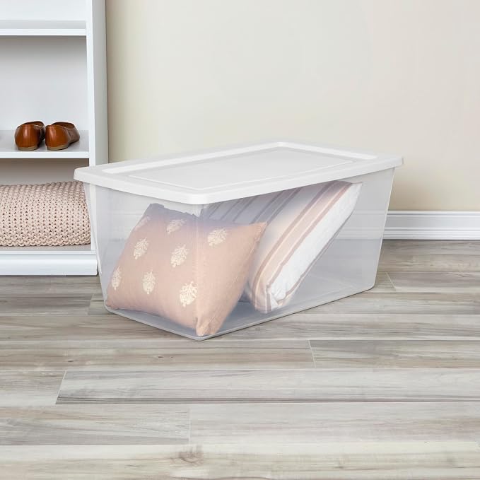 Sterilite 16 Pack Storage Box, 90 Quart Stackable Tote, Clear Plastic Container with Secure Snapping Lids for Home and Office Organization, White - Image 4