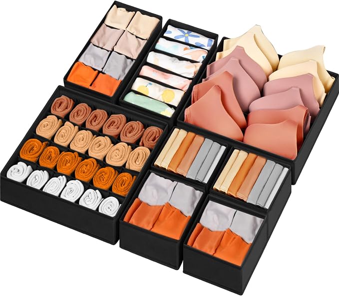 Drawer Organizer Clothes, 8 Pack Dresser Organizer Bins for Baby Clothes, Underwear Sock, Fabric Closet Organization and Storage Dividers for Nursery Bedroom (48 Compartments, Black) by Criusia