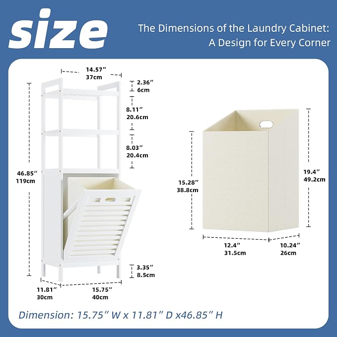 HITNET Bamboo Tilt Out Hamper, 10 Gal Bathroom Laundry Cabinet with Hidden Foldable Basket, Freestanding Clothes Storage Organizer with Storage Shelf, White - Image 3