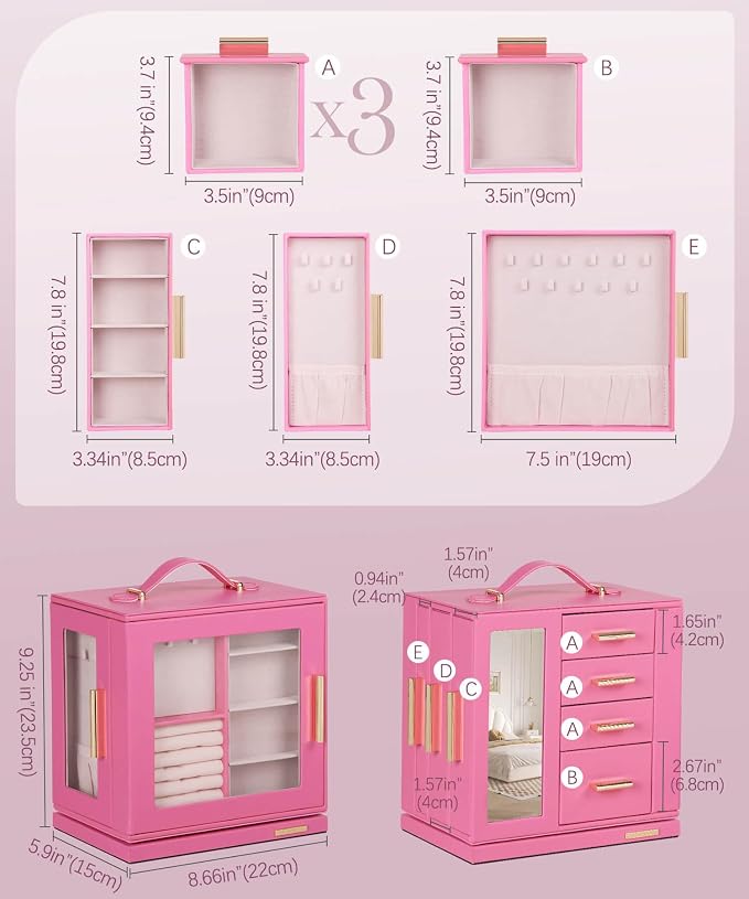 Homde Jewelry Box 360° Rotating, Necklace Earring Organizer with Transparent Window, Mirror, 7 Drawers, Large Ring Display Storage Case for Girls Women (Pink) - Image 6