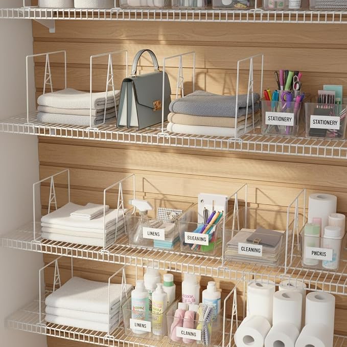 Wire Shelf Dividers - White Closet Organization & Storage Organizer - No Tool Shelf Divider for Wire Shelves - Metal Shelf Accessories – for 12“ Deep Wire Shelves – Tall 12” Height – 16 Pack - Image 7