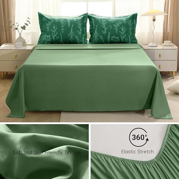 MUXHOMO Emerald Green Full Comforter Set, Elegant Floral Print Bed in a Bag 7 Pieces, Ultra Soft & Breathable Reversible Botanical Pattern Bedding Set with Comforter, Sheets, Pillowcases, and Shams