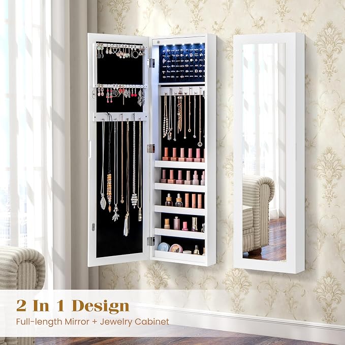 Giantex Wall or Door Mounted Jewelry Cabinet with Full Length Mirror, Over The Door Jewelry Armoire Organizer with Lights, Large Storage with Necklace Hooks, Earring Slots & Shelves (White) - Image 8