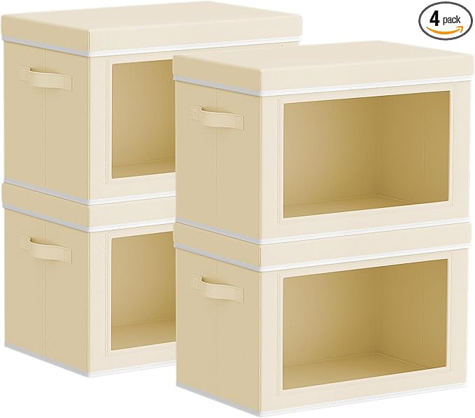 Homsorout Storage Bins with Lids - Small Fabric Organizers with Window, Collapsible Storage Bins for Clothes, Decorative Closet Organizers for Towels, Tshirt, 4 Pack, Beige by Homsorout