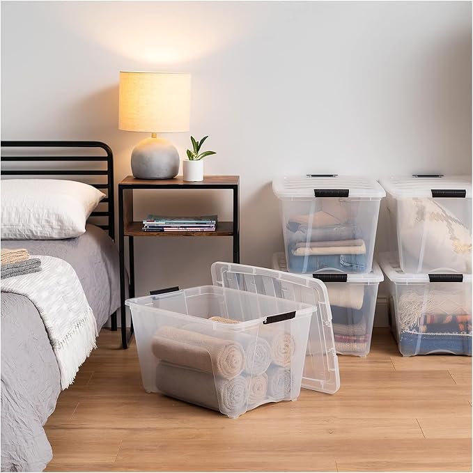 IRIS USA 54 Qt Stackable Plastic Storage Bins with Lids, 12 Pack - BPA-Free, Made in USA - See-Through Organizing Solution, Latches, Durable Nestable Containers, Secure Pull Handle - Clear - Image 4