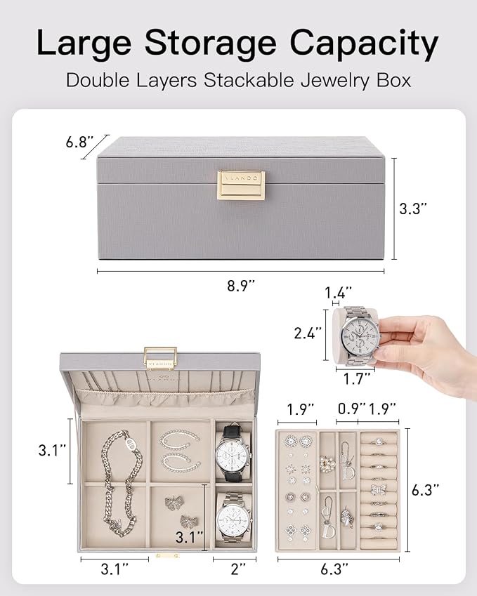 VLANDO 2 Layer Jewelry Box Large Jewelry Organizer for Women Removable Jewelery Tray with Watch Pillow for Necklace Earrings Rings Bracelets Gifts for Couples Mom Friends, Bridesmaid (Grey) - Image 5