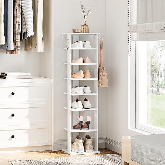 HOOBRO 8 Tiers Vertical Shoe Rack, Wooden Shoe Storage Organizer with Hooks, Narrow Shoe Tower for 8 Pairs, Space Saving, for Entryway, Living Room, Bedroom, White WT07XJ01G1 - Image 8