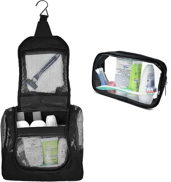 The Fine Living Co. Portable Hanging Shower Caddy Organizer Bag (Free Toiletries Case+Metal Hook) Quick Dry Mesh Shower Caddy Tote Bag Pouch For Bathroom College Dorm Camp Gym Camping 10”x4”x8”(Black) by TheFineLivingCompany