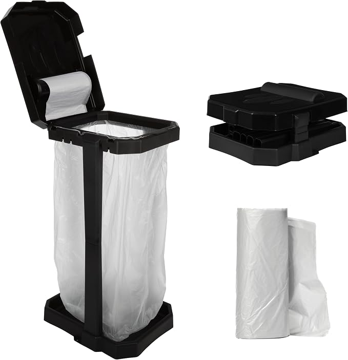 Wakeman Heavy Duty Black Trash Bag Portable Trash Bag Holder Stand with 7 Bags - Collapsible Trash Can Camping, RV, Kitchen, or Tailgate Party Garbage Bag Holder by Wakeman