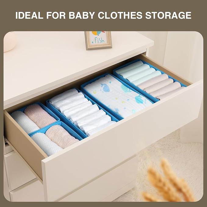 DIMJ Drawer Organizers - Set of 4 Fabric Closet Organizers and Storage, Drawer Dividers for Baby Clothes, Socks, Belt, Tie (Blue) - Image 3