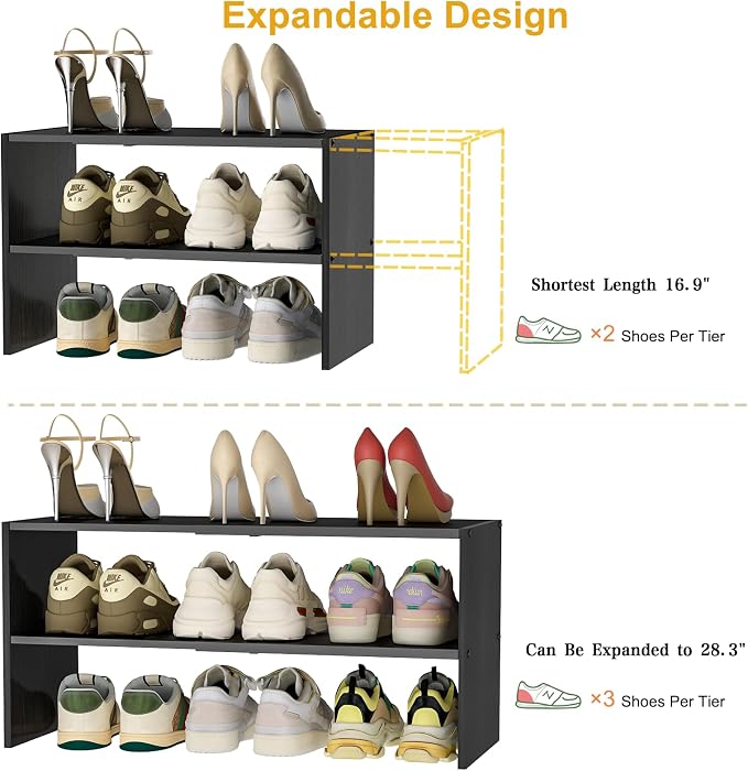 Black Shoe Rack Organizer for Closet, 2-Tier Expandable Shoe Shelf, Stackable Iron Wood Combination Small Shoe Racks Shelves for Closets, Entryway,Small Space,Hallway,Garage,6-12 Pairs - Image 9