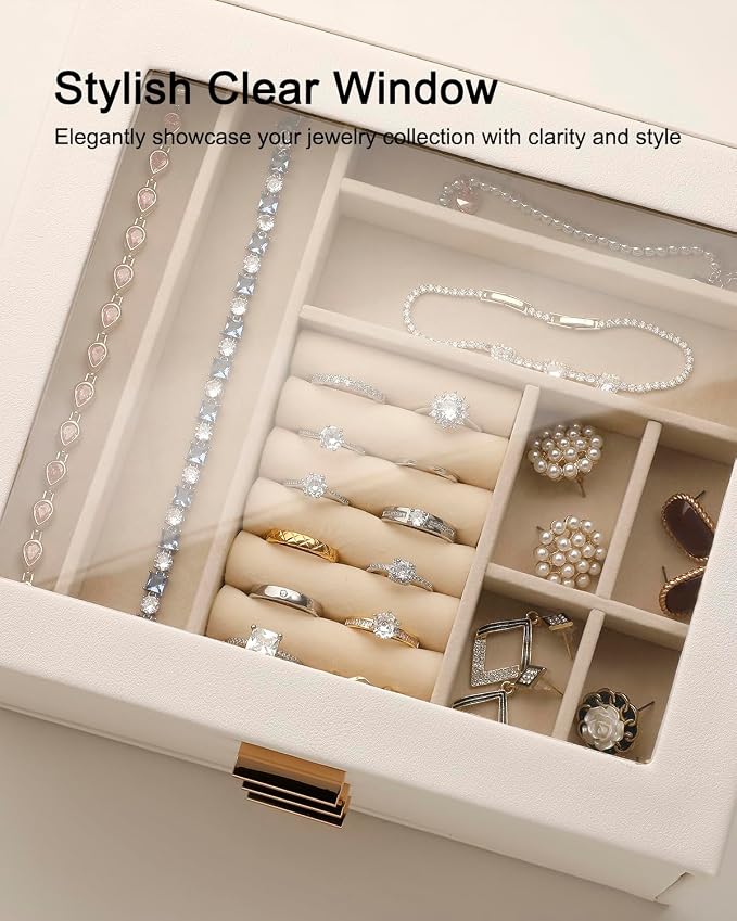 Jewelry Box with Glass Lid,3-Layer Jewelry Boxes for Women,PU Leather Jewelry Organizer with 20-Grid Earring Drawer & Movable Dividers for Necklaces Rings - Cloud White - Image 5