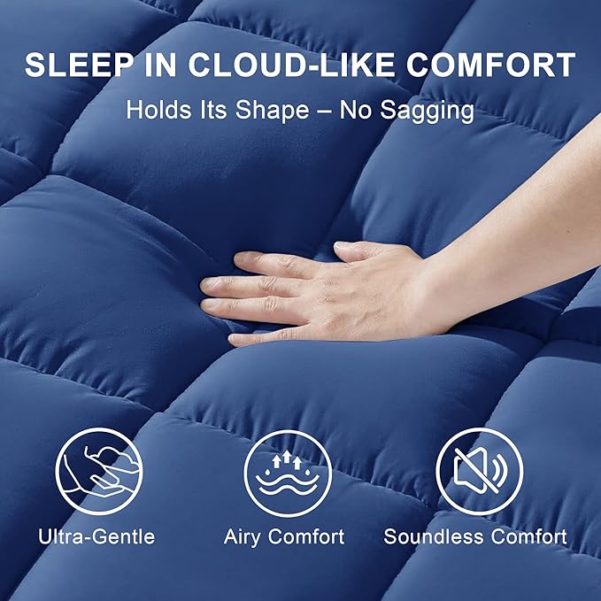 Quilted Mattress Pad Pillow Top Mattress Cover Protector Cooling Soft for Breathable Padded Deep Pocket 8-21 Fitted Supportive(Blue,Full Size)
