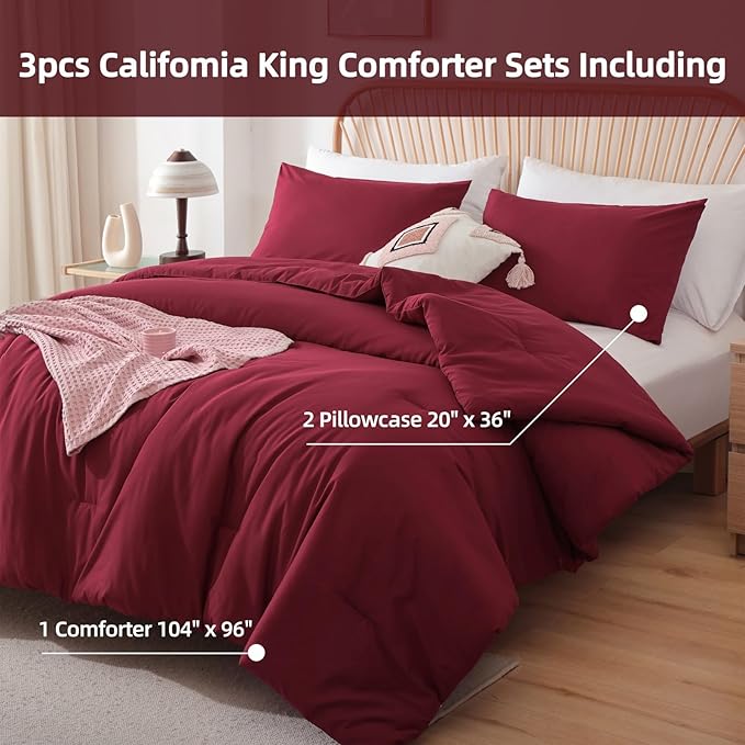 ROSGONIA California King Comforter Set Dark Red, 3pcs (1 Boho Red Cal King Comforter & 2 Pillowcases) All Season Lightweight Bedspread Bedding Blanket