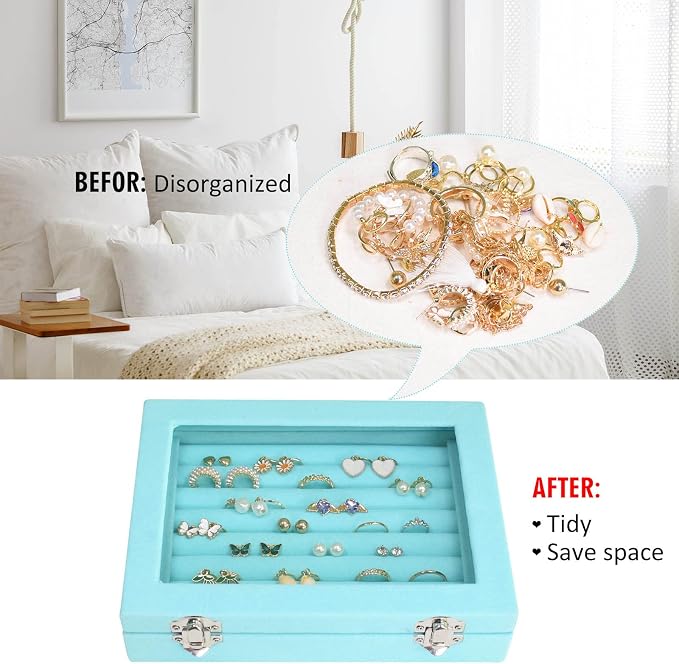 Vicoter Rings Organizer Tray 7 Slots Velvet Jewelry Earring Storage Box with Transparent lid Jewelry Display Case for Girls Wife Mom Women (Light Blue) - Image 5