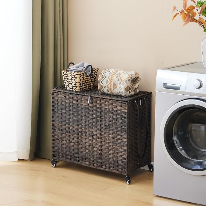 Laundry Hamper with Wheels, 34.3 Gallon(130L) Rolling Laundry Basket with Lid, 3-Section Rattan Clothes Hamper with 3 Removable Liner & 3 Mesh Bags, Laundry Sorter with Side Pocket, Brown - Image 3