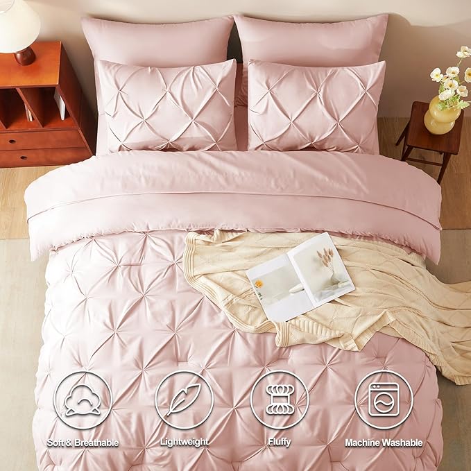 CozyLux Twin XL Comforter Set Blush Pink, 5 Pieces Twin Extra Long Pintuck Bed in A Bag for College Dorm, Pinch Pleat Bedding Set with Comforter, Sheets, Pillowcase & Sham