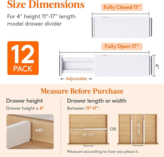 Lifewit 12 Pack 4" High Drawer Dividers 28-43.5cm/11-17" Adjustable Drawer Organizer for Clothes/Utensils, Expandable Drawer Separator in Dresser/Kitchen/Bedroom/Office Organization & Storage White - Image 2