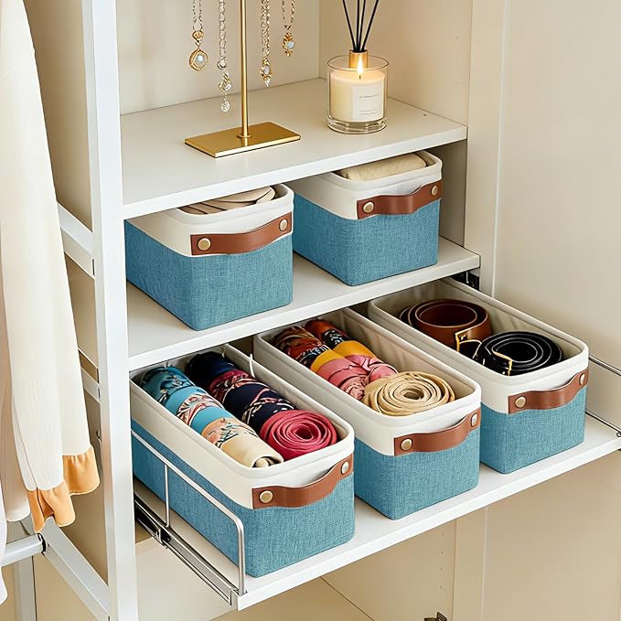 Bagnizer Small Fabric Storage Baskets, 15x6x5 inch Narrow Storage Bins 4-Pack Long Storage Basket for Organizing with Handles, Decorative Basket for Closets, Shelves, Toilet Paper, Teal - Image 5