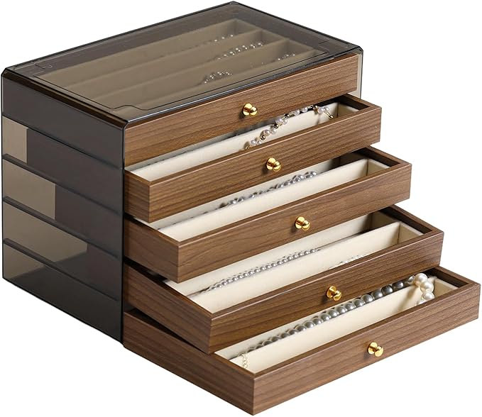 CLUQMEIK 5 Layer Necklace Jewelry Box, Vintage Wooden Jewelry Box with Acrylic Cover Stackable Necklace Storage Organizer for Women and Girls to Storing Necklaces by CLUQMEIK