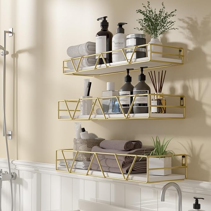 Amaoot Floating Shelves Set of 3, Home Wood Wall Shelf, Farmhouse Shelf for Bedroom, Wall Mounted Floating Shelf for Living Room, Bedroom, Bathroom, Kitchen, Office (Gold) - Image 5