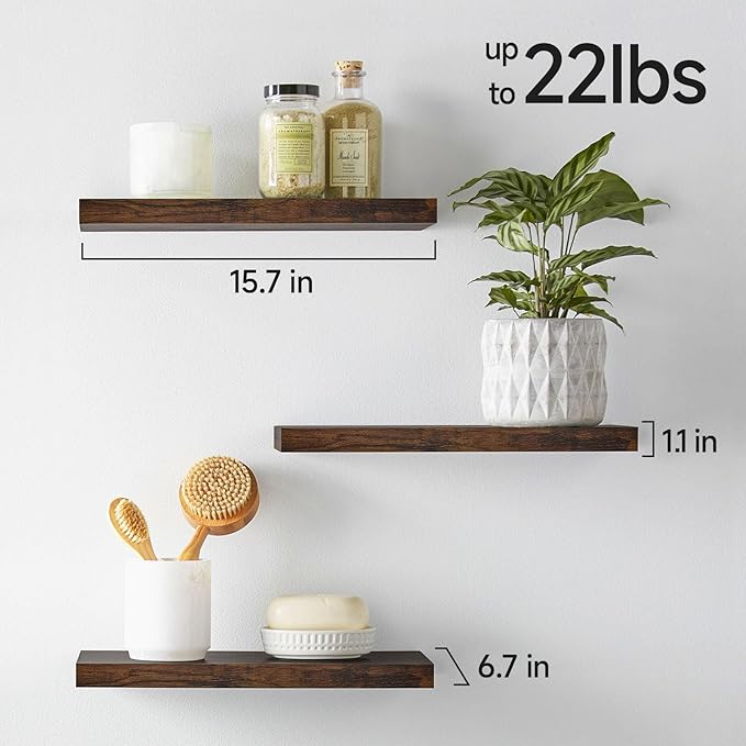 BAYKA Bathroom Floating Shelves for Wall Set of 3 - Rustic Brown Farmhouse Wood Shelves Over Toilet for Bedroom, Kitchen, or Living Room Decor Display, Storage for Plants, Toilet Paper or Bath Towels - Image 3