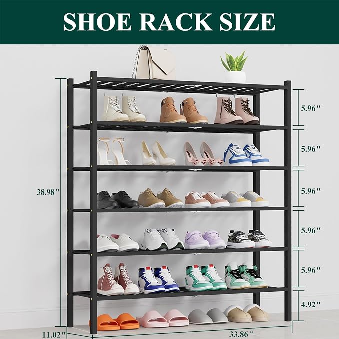 Smiry Shoe Rack, 6 Tier Thick Long Bamboo Shoe Organizer, Stackable Free Standing Wooden Shoe Storage Shelf for Closet, Entryway, Front Door Entrance, Black - Image 2