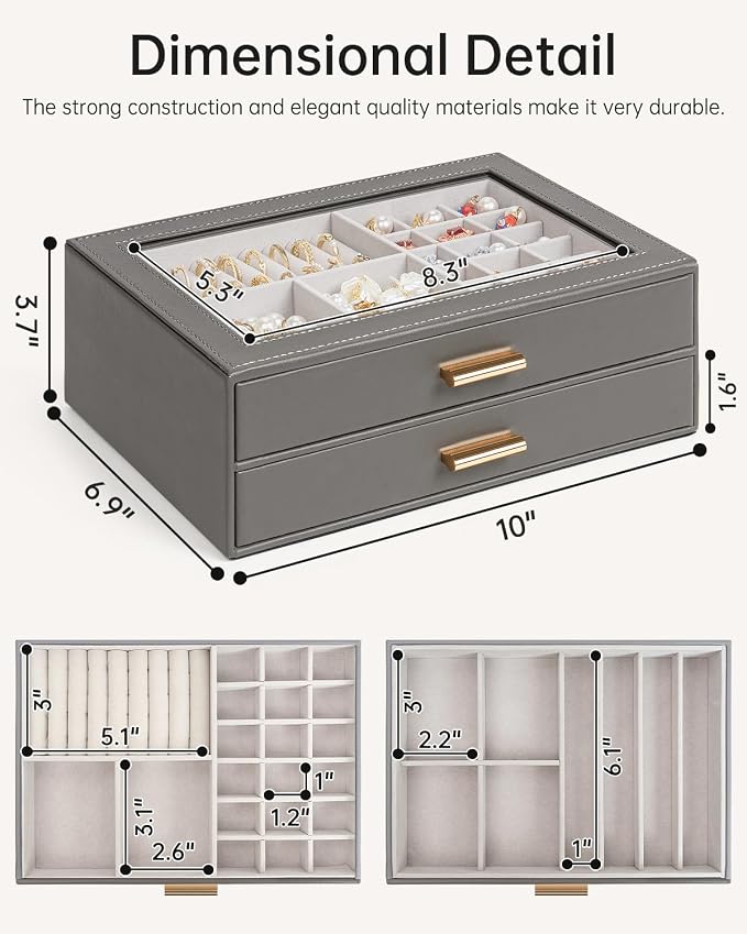 AKOZLIN Jewelry Box with Clear Lid Functional Leather Jewelry Storage Organizer Case 2 Drawers for Women Girls Necklace Ring Bracelet Earring - Image 6