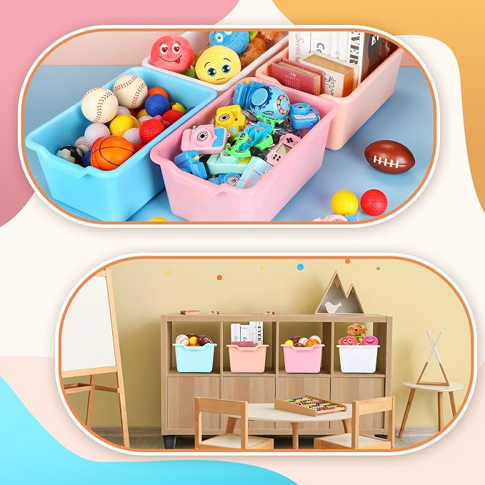 Dandat 16 Pcs Plastic Book Bins for Classroom Library Cubby Bins Scoop Front Stackable Toy Storage Tubs Containers for School Office Home Nursery Playroom Organization(Candy Color) - Image 4