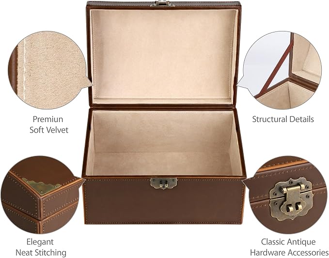 HofferRuffer Faux Leather Decorative Box, Large Wooden Structure Keepsake Box Accessory Organizer Jewelry Organizer with Hinged Lid, Storage Container for Home or Office (Antique Brown) - Image 3