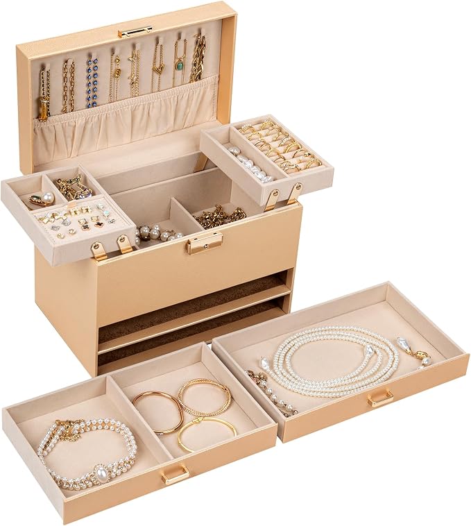 AKOZLIN Travel Jewelry Box Organizer Functional 2-trays Leather Jewelry Storage Case with Lockable Portable 2 Drawers for Women Girls Ring Necklace Earring Bracelet - Image 6