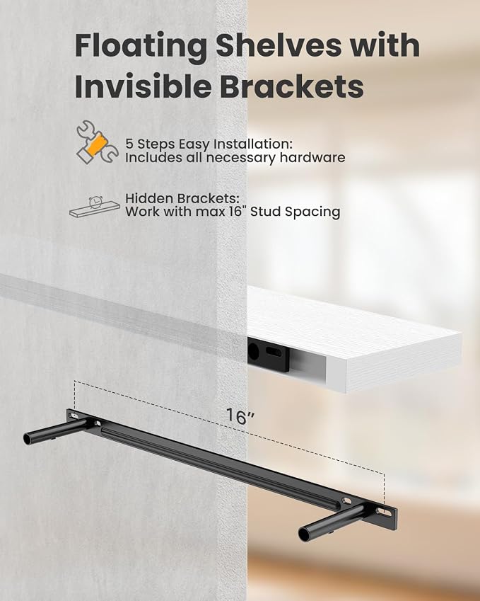 AMADA HOMEFURNISHING 23.6" L Floating Shelves, Wall Shelves Set of 3 for Bathroom/Living Room/Bedroom/Kitchen, White Floating Shelves for Wall Decor with Invisible Brackets - AMFS44W - Image 8