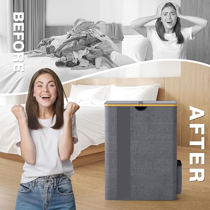 BlissTotes Laundry Basket with Lid, 150L Clothes Laundry Hamper with Handles and 2 Removable Laundry Bag, Breathable Design Hamper with Lid for Bedroom, Bathroom, Dorm, Laundry Room - Light Grey - Image 4