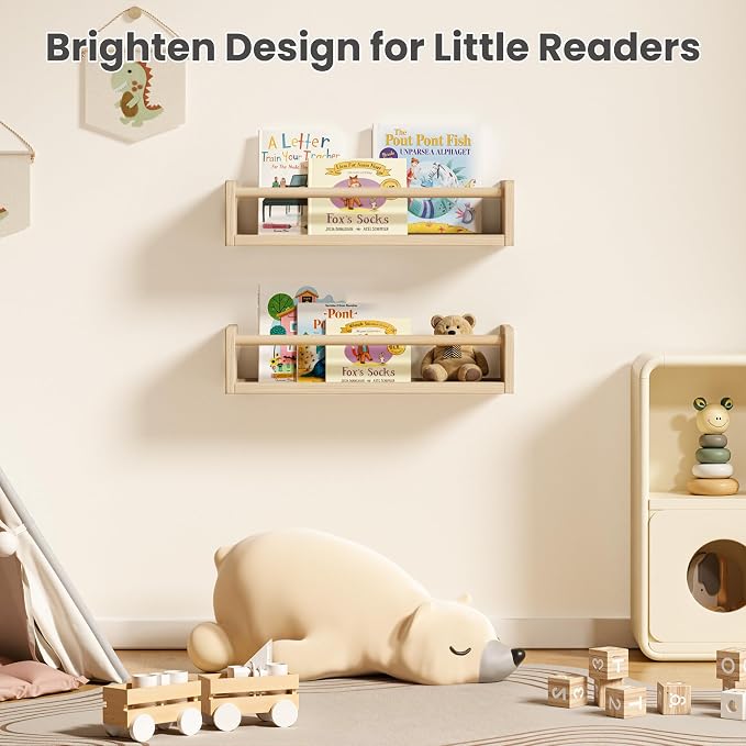 upsimples 2 Pack Nursery Book Shelves, 15.7 Inch Floating Bookshelves for Wall, Baby Nursery Decor, Small Solid Wood Wall Mounted Shelves for Baby Kids Boys Girls, Natural - Image 7